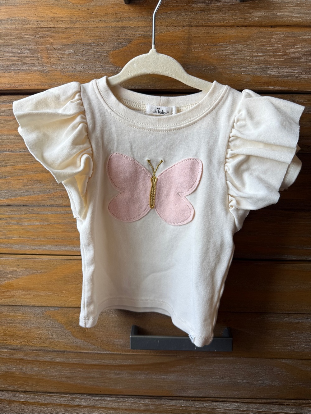 Oh Baby Cream Ruffle Sleeve Top with Pink Butterfly Gold Accent